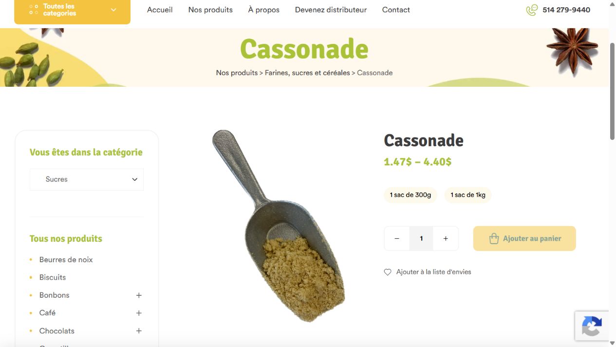 Fiche produit Vrac en Folie avec choix du format et ajout au panier